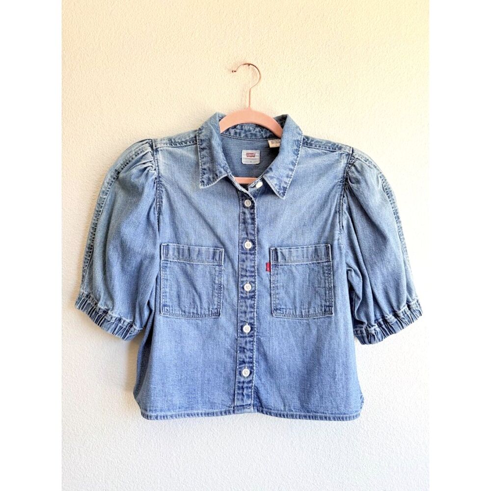 Levi's Alice Button Down Collared Short Puff Sleeve Blue Denim Crop Top size M